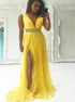 A Line V Neck Yellow Chiffon Beadings Prom Dress LBQ2967