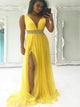 A Line V Neck Yellow Chiffon Beadings Prom Dresses 