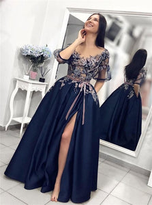 V Neck Dark Blue Satin Appliques Prom Dresses