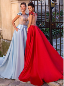 A Line Tulle and Satin Jewel Beadings Evening Dress With Handmade Flowers