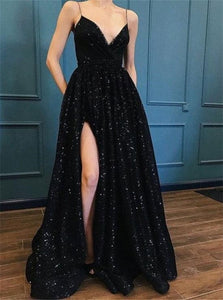 A Line Spaghetti Straps Black Prom Dresses with Split