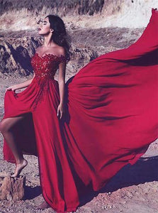 A Line Off the Shoulder Red Appliques Chiffon Prom Dresses