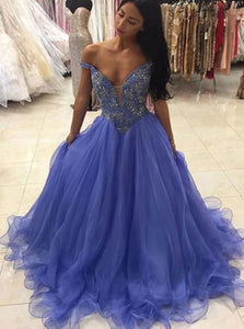 Blue V Neck Sequins A Line Tulle Prom Dresses