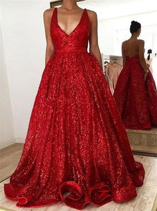 A Line Sequins V Neck Red Open Back Prom Dresses