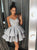 A Line V Neck Short Gray Appliques Satin Ruffles Prom Dresses