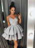 A Line V Neck Short Gray Appliques Satin Ruffles Prom Dresses LBQ1788