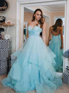Ball Gown Spaghetti Straps Backless Ruffles Prom Dresses 