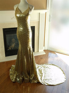 Gold Sequin Criss Cross Mermaid Prom Dresses