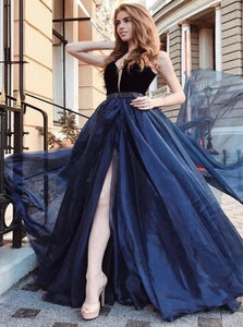 Deep V Neck Navy Blue Tulle Long Prom Dresses With Beading