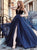 Deep V Neck Navy Blue Tulle Long Prom Dresses With Beading