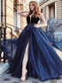 Deep V Neck Navy Blue Tulle Long Prom Dress With Beading LBQ1512