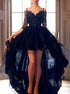 A Line Spaghetti Straps Lace High Low Black Prom  Dress With Half Sleeves LBQ3160