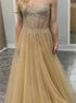 A Line Sweetheart Tulle Gold Beadings Prom Dress LBQ2615