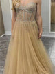 A Line Sweetheart Tulle Gold Beadings Prom Dresses 