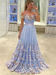 Light Blue Lace Appliqued Off the Shoulder Prom Dresses