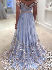 A Line Tulle Sweep Train Prom Dresses