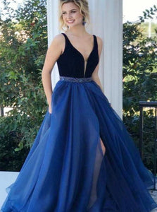 A Line Sleeveless Tulle Prom Dresses with Slit