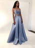 Two Pieces A Line Light Blue Appliques Criss Cross Satin Prom Dresses LBQ1866