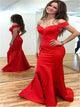 Mermaid Satin Off the Shoulder Pleats Red Prom Dresses