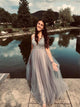 A Line V Neck Beaded Tulle Prom Dresses 