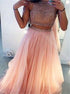 A Line Beading Two Pieces High Neck Tulle Prom Dresses LBQ2534