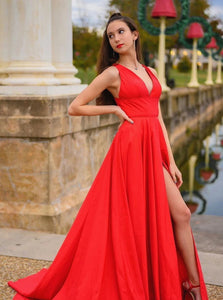 A Line V Neck Red Satin Prom Dresses