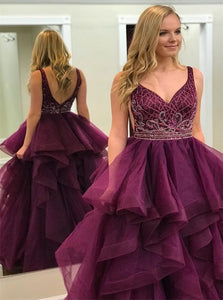 A Line V Neck Ruffles Appliques Tulle Prom Dresses 