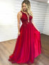 A Line Sleeveless Split Tulle Prom Dresses With Appliques Beading LBQ3092