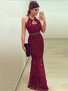 Mermaid Halter Burgundy Appliques Criss Cross Prom Dresses 