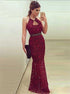 Mermaid Halter Burgundy Appliques Criss Cross Prom Dress LBQ2802