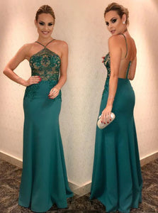 Green Sheath Satin Backless Appliques Prom Dresses