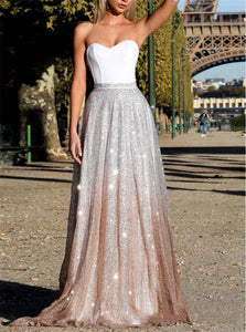 Sweetheart Sparkly Silver Champagne A Line Prom Dresses 