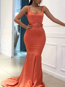 Orange Mermaid Open Back Square Neck Belt Satin Prom Dresses