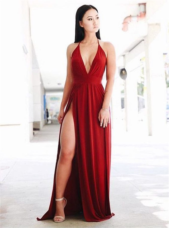 A Line V Neck Burgundy Satin Split Prom Dresses | Alinepromdress A Line V Neck Burgundy Satin Split Prom Dresses | Alinepromdress