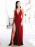 A Line V Neck Burgundy Satin Split Prom Dress LBQ1176