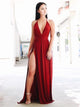 A Line V Neck Burgundy Satin Split Prom Dresses