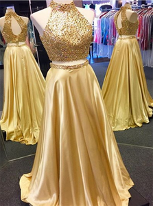 A Line Halter Two Piece Sequins Open Back Satin Golden Prom Dress