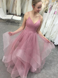 A Line Blush Pink Organza Floor Length Prom Dresses
