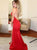 Mermaid Round Neck Red Split Side Prom Dresses With Keyhole