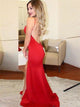 Mermaid Round Neck Red Split Side Prom Dresses With Keyhole