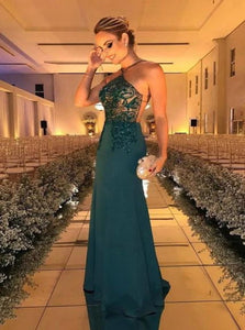 Sweep Train Green Backless Evening Dresses