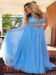 V Neck Piece Sweep Train Prom Dresses with Rhinestones