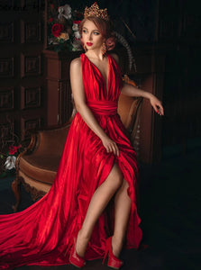 Chic Red V Neck A Line Satin Pleats Prom Dresses with Slit 
