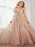 A Line Rose Gold V Neck Sequins Tulle Prom Dress LBQ3018