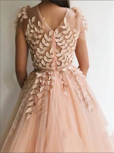 Blush Pink Tulle 3D Flowers Short Sleeves Prom Dresses 
