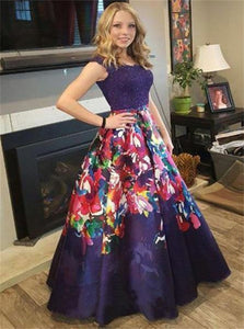 A Line Floral Satin Purple Appliques Prom Dresses