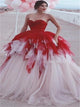 Sweetheart Ball Gown Tulle Backless Ruffles Red Prom Dresses