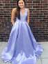 A Line Lavender Satin V Neck Pleats Open Back Prom Dress with Pockets LBQ3071