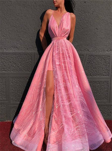 A Line V Neck Pink Satin Prom Dresses with Slit