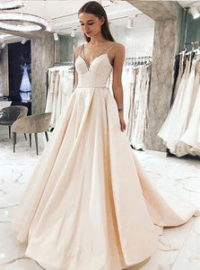 A Line Spaghetti Straps Champagne Pleats Satin Prom Dresses